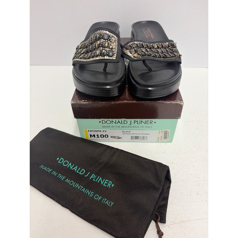 Donald J Pliner Fifi Black Leather Embellished Platform Thong Sandals Size 10 M